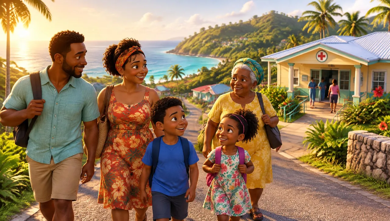 Illustrated family walking at sunrise toward a community health centre